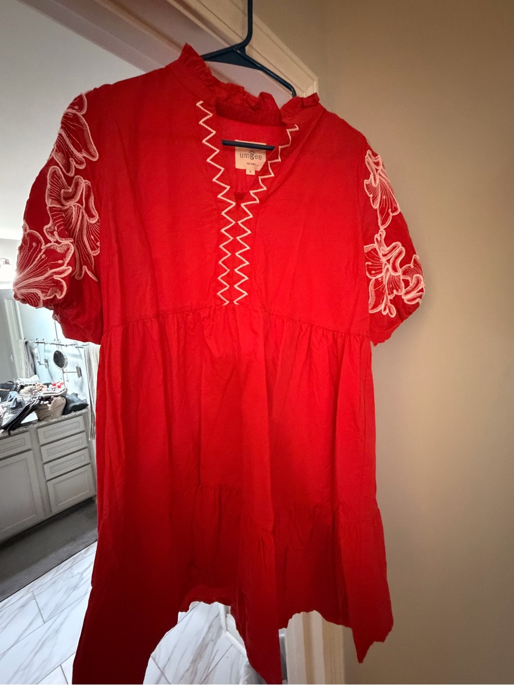 Umgee Red Tunic with White Zigzag Embroidery